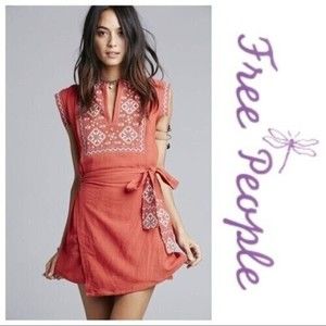 Free People XS FP Running Wild Embroidered Mini Dress Papaya/Clay Cross Stitch